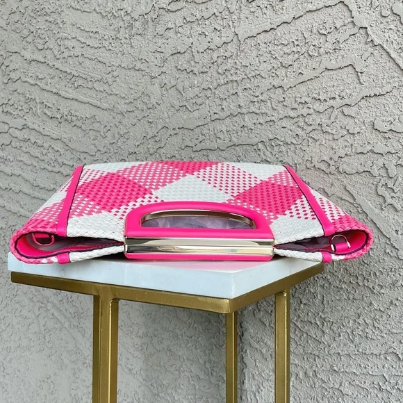 KATE SPADE Pink & White Plaid Gingham Alexia Woven Clutch Crossbody Bag
